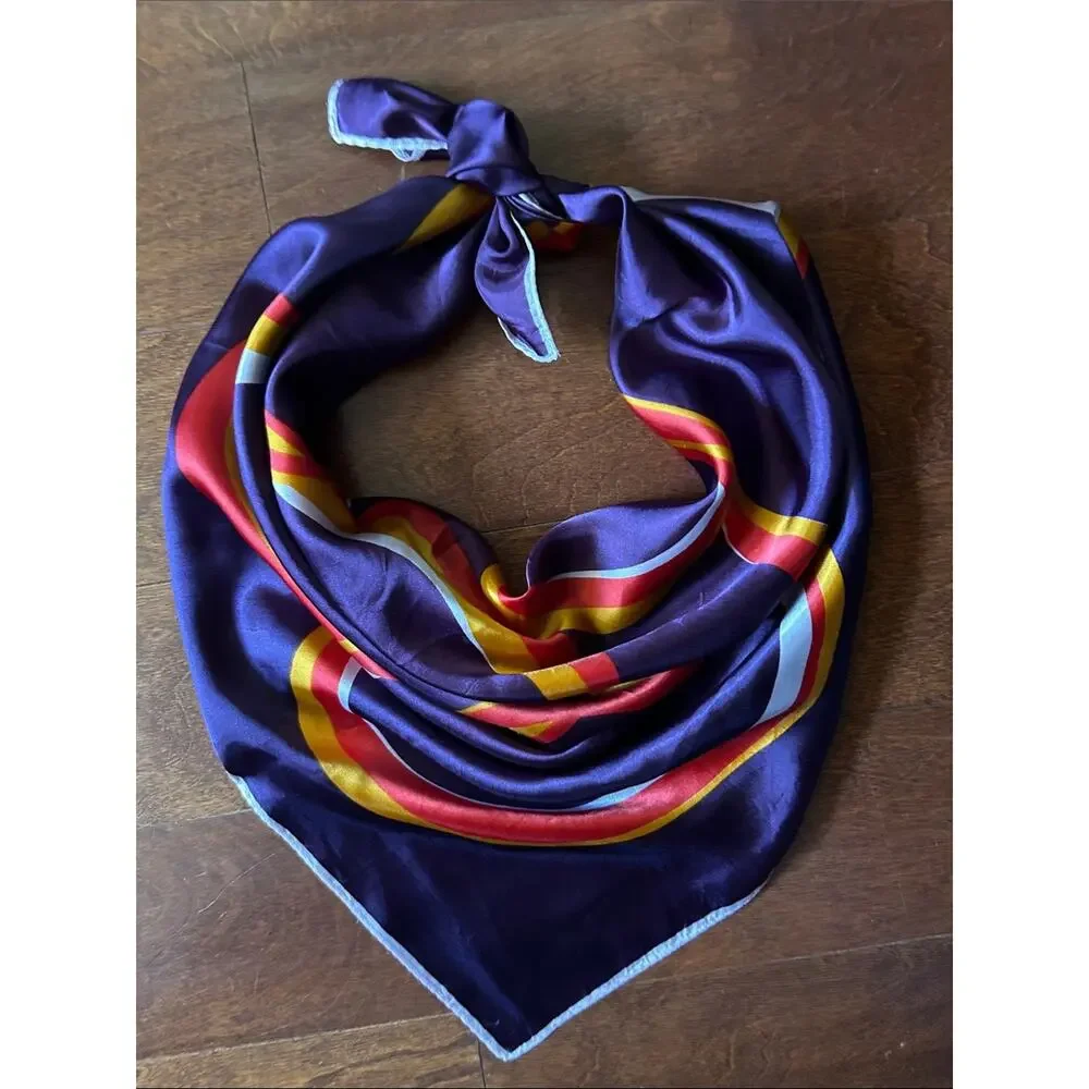 Vintage Bold Purple Scarf with Red, Yellow & White Circular Accents, Hand Rolled